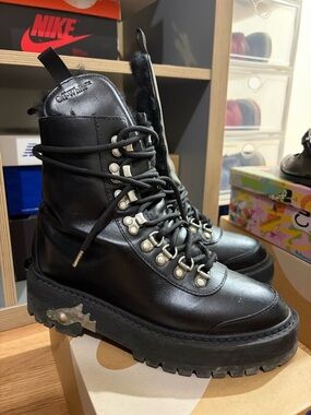 Off-White Black Leather Lug-Sole Shearling-Trim Combat Boots